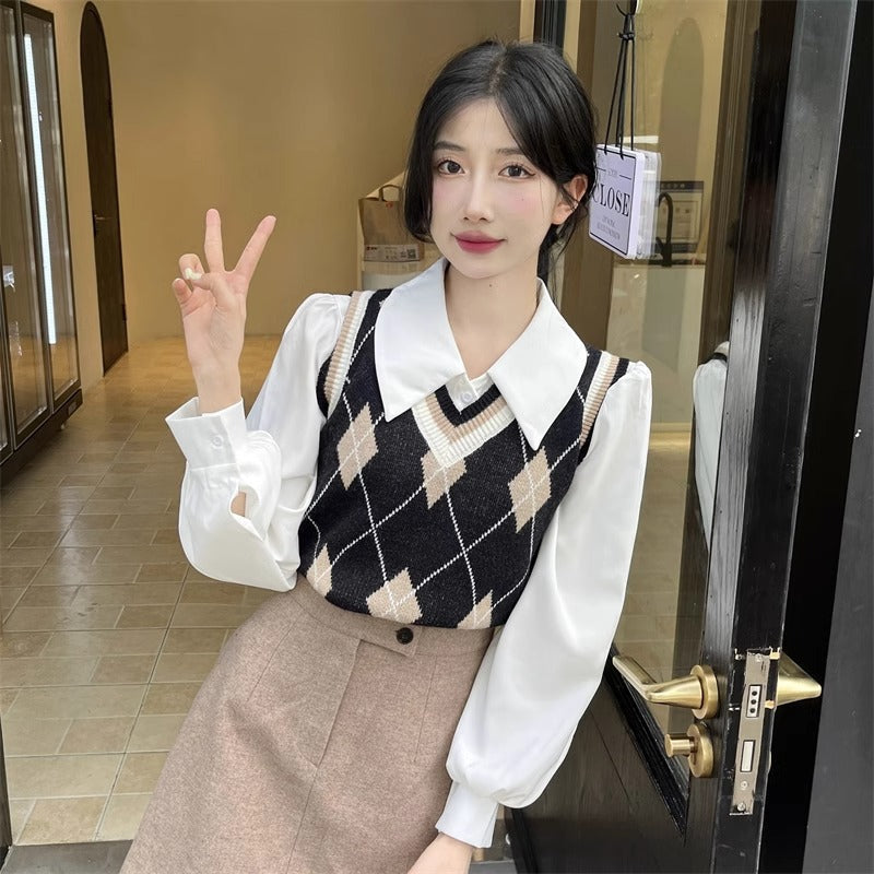 French-style Vintage White Polo-collar Long-sleeve Shirt