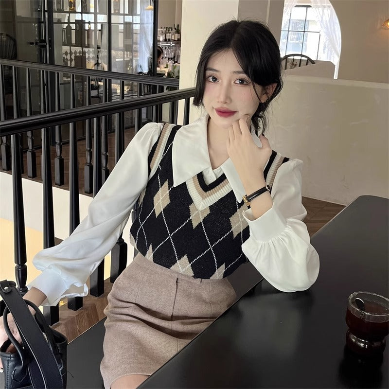 French-style Vintage White Polo-collar Long-sleeve Shirt