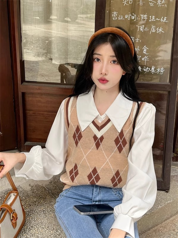 French-style Vintage White Polo-collar Long-sleeve Shirt