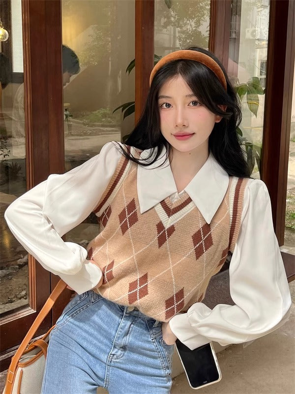 French-style Vintage White Polo-collar Long-sleeve Shirt