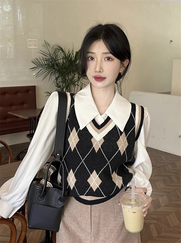 French-style Vintage White Polo-collar Long-sleeve Shirt