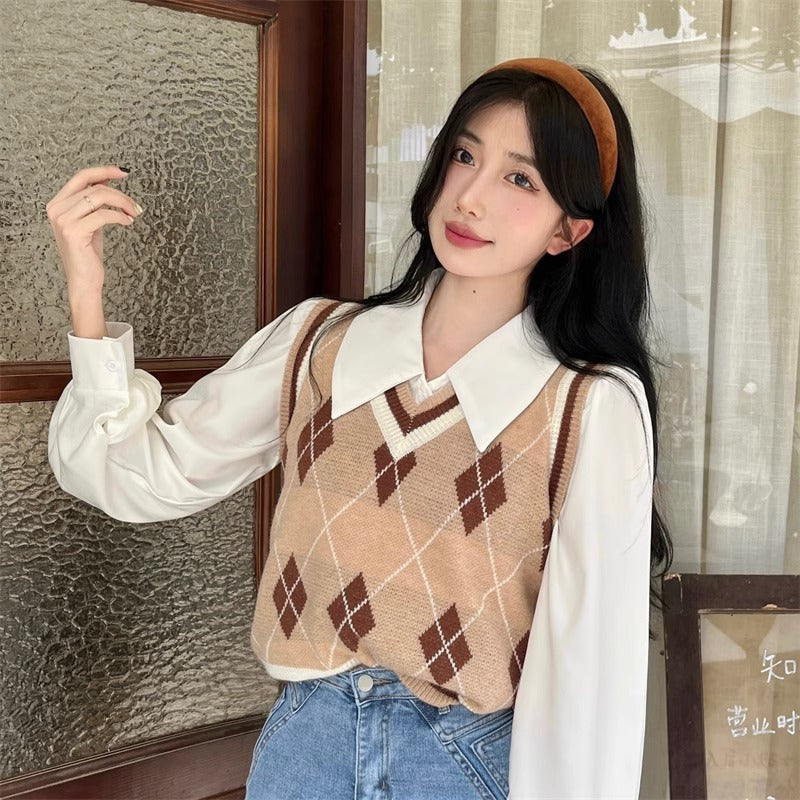 French-style Vintage White Polo-collar Long-sleeve Shirt