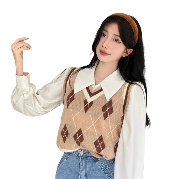 French-style Vintage White Polo-collar Long-sleeve Shirt