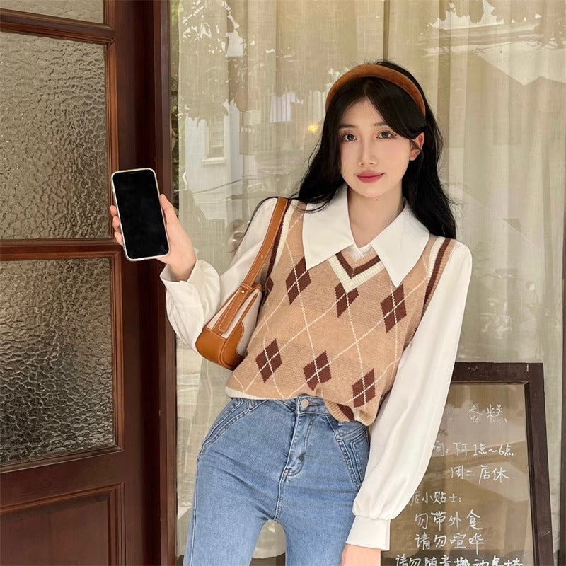 French-style Vintage White Polo-collar Long-sleeve Shirt