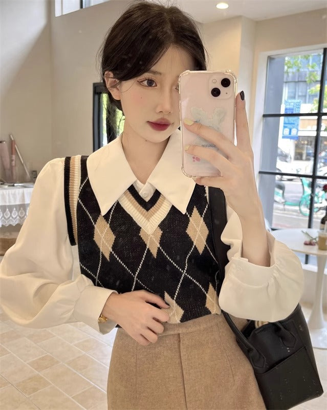 French-style Vintage White Polo-collar Long-sleeve Shirt