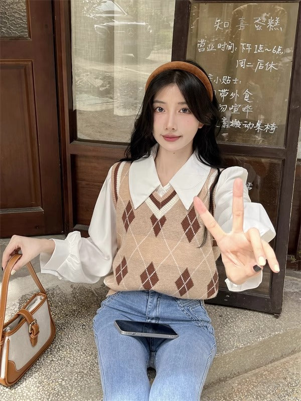 French-style Vintage White Polo-collar Long-sleeve Shirt