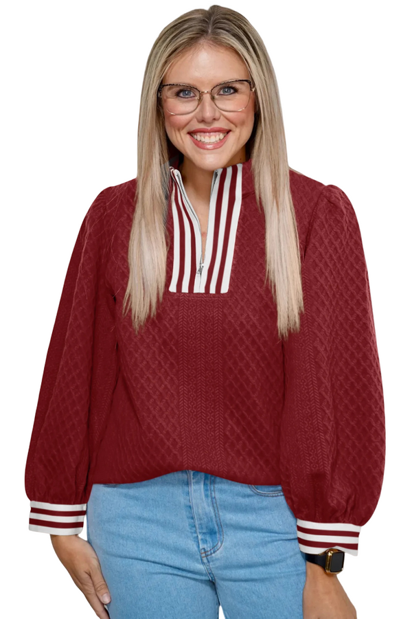 Texture Striped Patchwork Zip-Neck Pullover Sweater