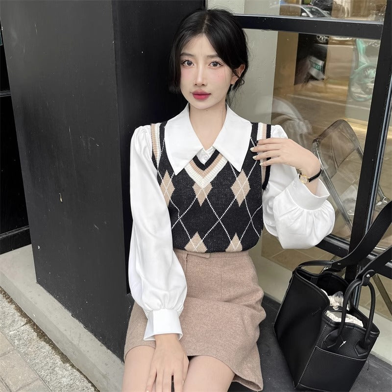 French-style Vintage White Polo-collar Long-sleeve Shirt