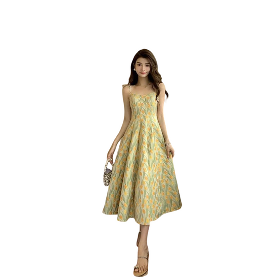 Fresh And Sweet Floral Splicing Travel Print Dress