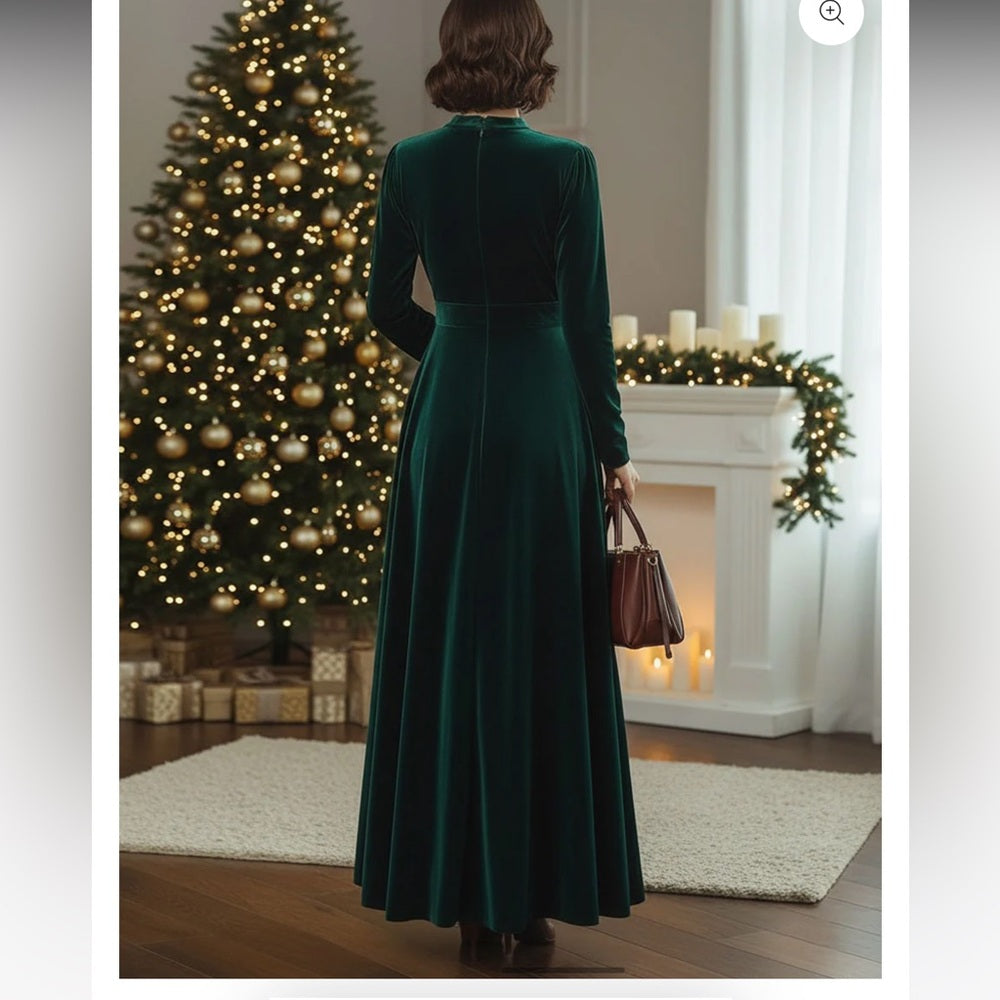 Stand Collar Loose Party Pocket Solid Velvet Long Sleeve Maxi Dress