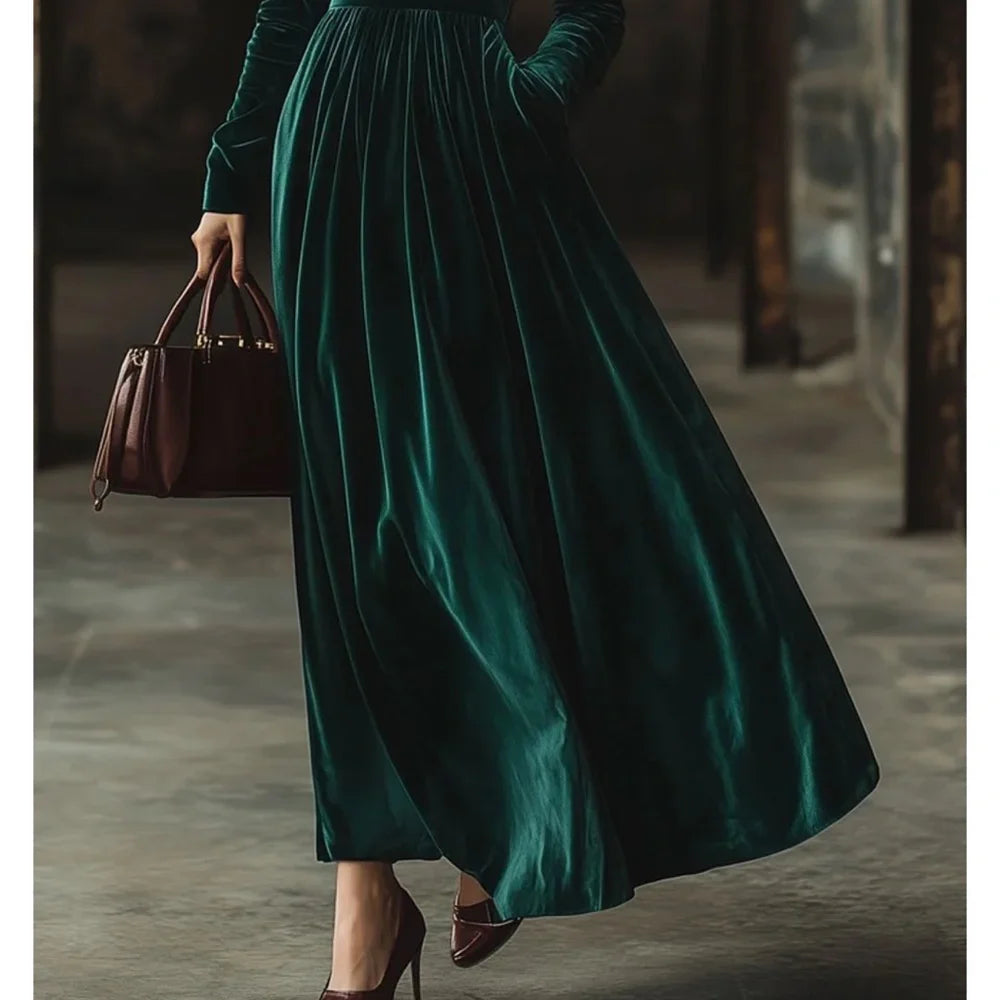 Stand Collar Loose Party Pocket Solid Velvet Long Sleeve Maxi Dress
