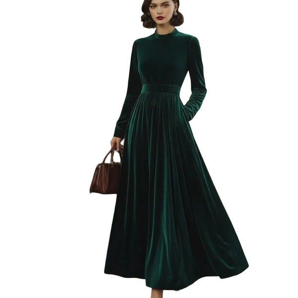 Stand Collar Loose Party Pocket Solid Velvet Long Sleeve Maxi Dress