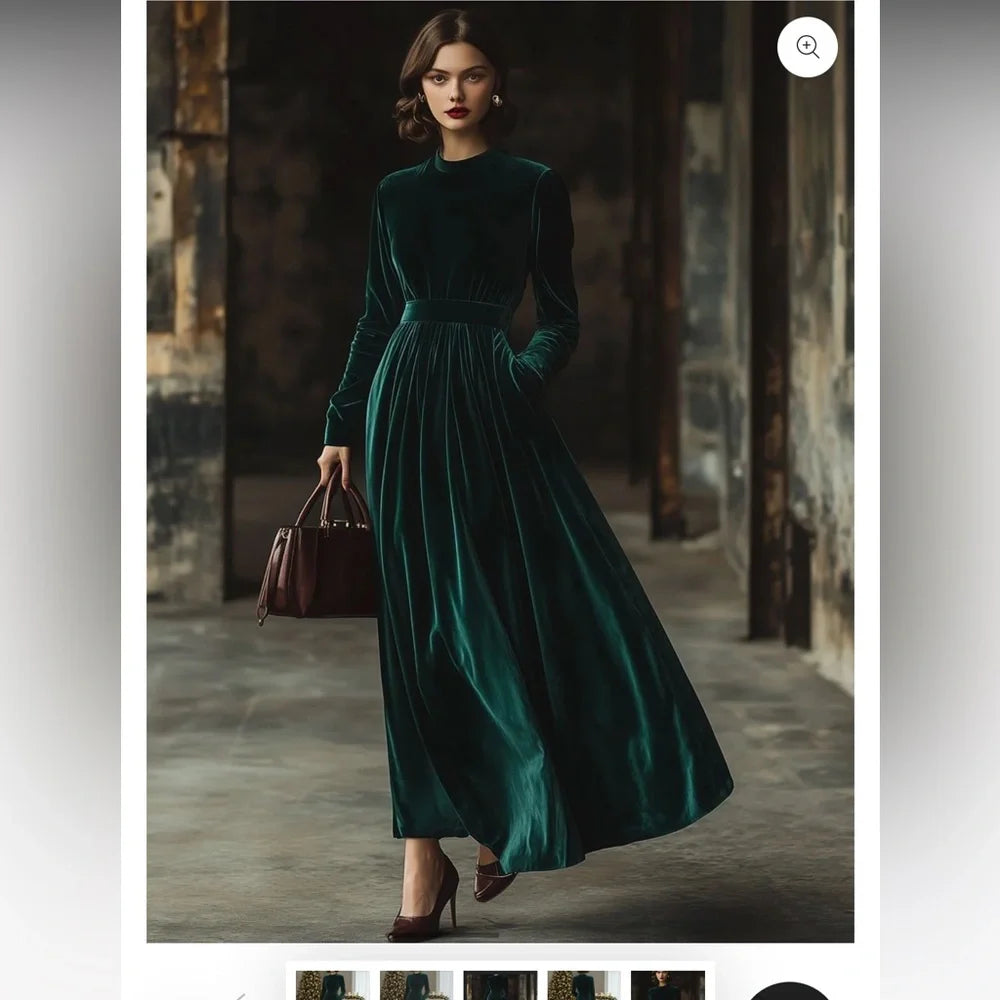 Stand Collar Loose Party Pocket Solid Velvet Long Sleeve Maxi Dress