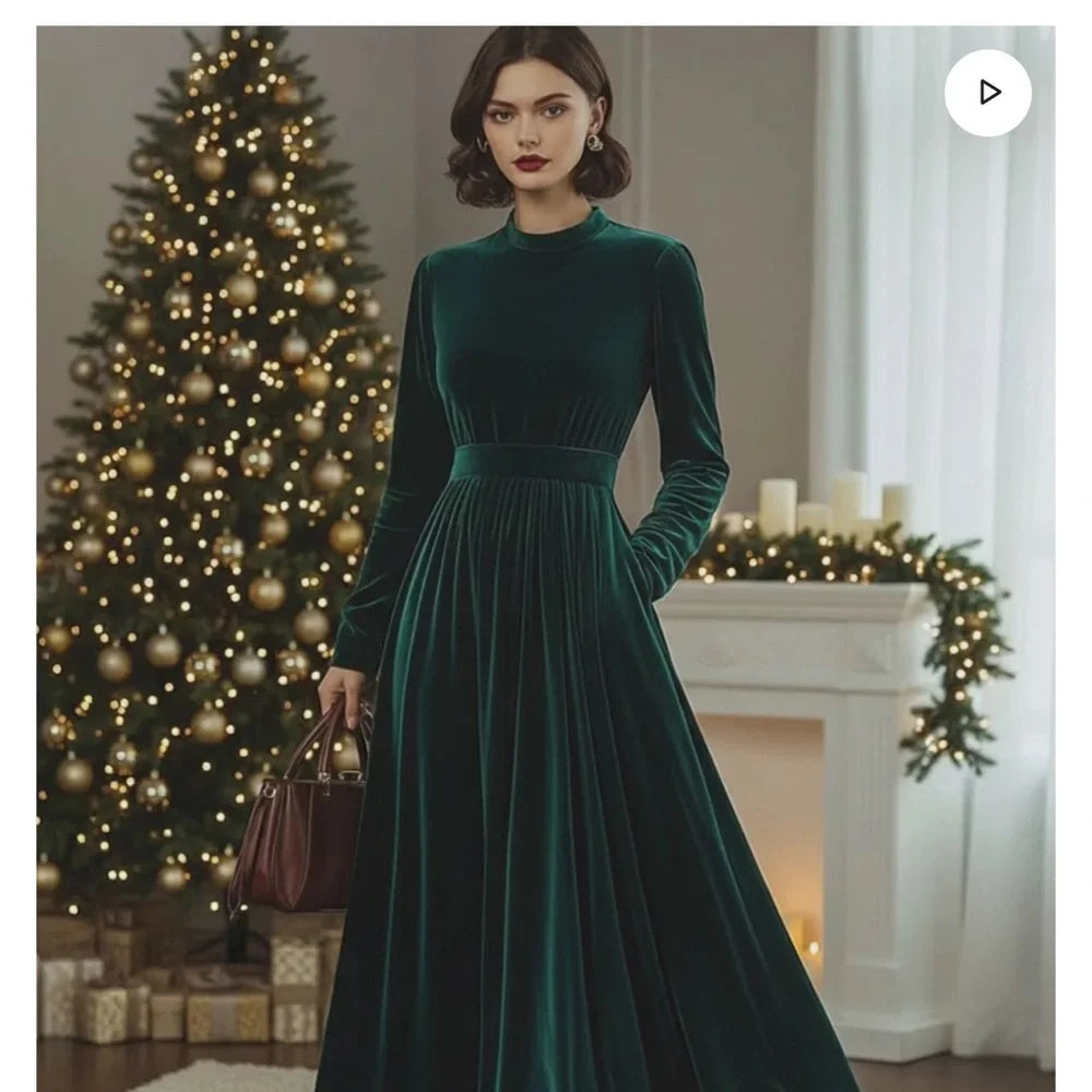 Stand Collar Loose Party Pocket Solid Velvet Long Sleeve Maxi Dress