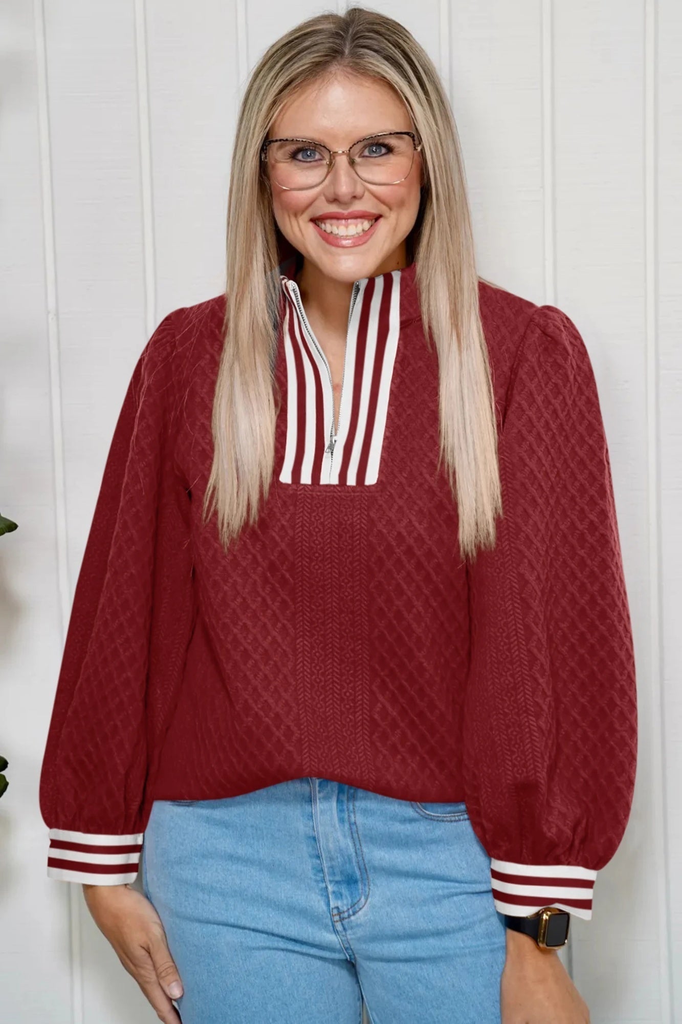 Texture Striped Patchwork Zip-Neck Pullover Sweater