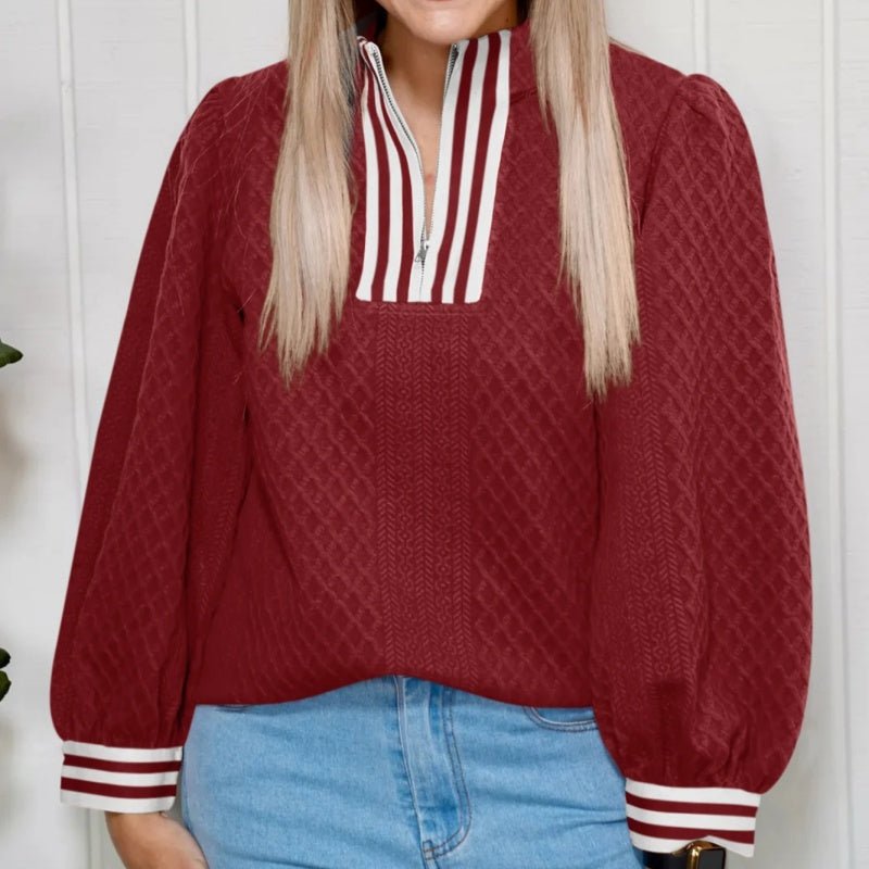 Texture Striped Patchwork Zip-Neck Pullover Sweater