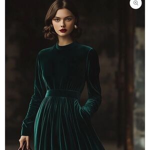 Stand Collar Loose Party Pocket Solid Velvet Long Sleeve Maxi Dress